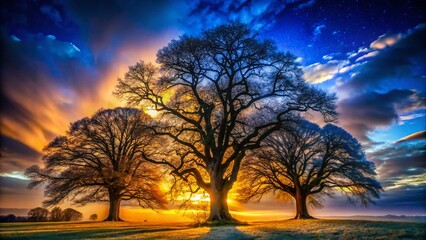 Obraz premium Majestic Oak & Walnut Tree Silhouettes at Night - Dramatic White Background Stock Photo