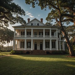 A colonial plantation house with large columns and a sprawling lawn.