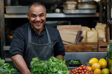 Fototapeta premium Smiling chef in a professional kitchen, surrounded by fresh ingredients