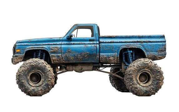 A blue monster truck with muddy tires isolated on white or transparent background