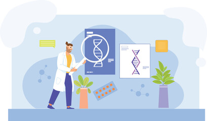 A modern illustration for DNA sequencing and genetics, featuring a stylized DNA helix, lab equipment, and data points, with a focus on advanced technology and scientific discovery.