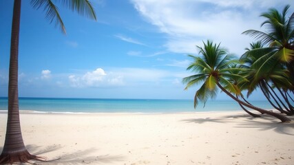 Obraz premium Serene Tropical Beach Scene with Crystal Clear Waters, Gentle Waves, and Lush Green Palm Trees Under a Bright Blue Sky on a Sunny Day