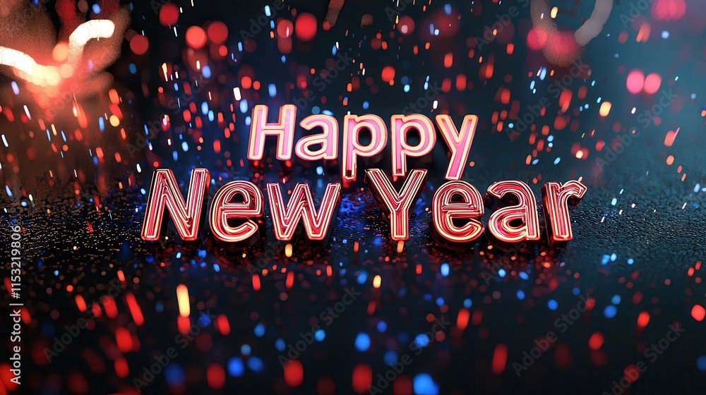 Poster 3d design of happy new year with bold glowing letters and colorful sparkles in a festive atmosphere