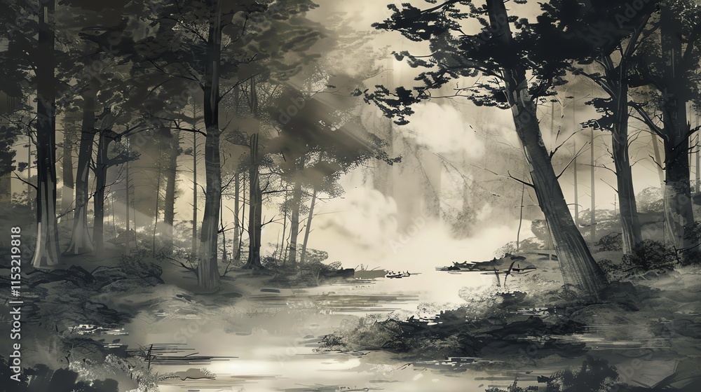Wall mural a misty forest with a stream running through it.