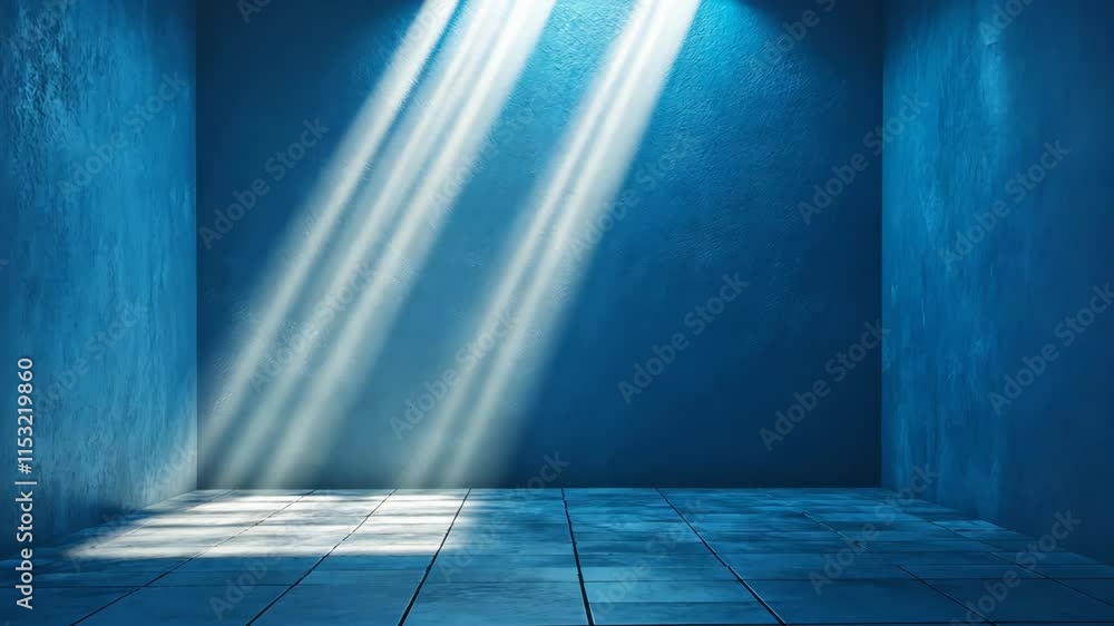 Poster blue walls create a calm atmosphere with rays of light illuminating a spacious room