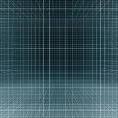 A three-dimensional grid structure featuring dark blue tones, creating a sense of depth and perspective in an abstract digital space.