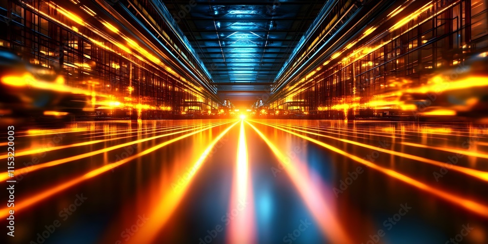 Poster a futuristic scene with dynamic glowing lines and vibrant colors, creating an impression of depth an