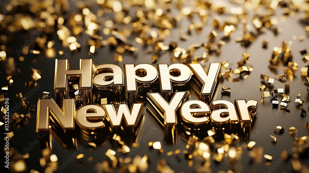 Aufkleber festive 3d rendered happy new year design with bold metallic letters and shimmering background