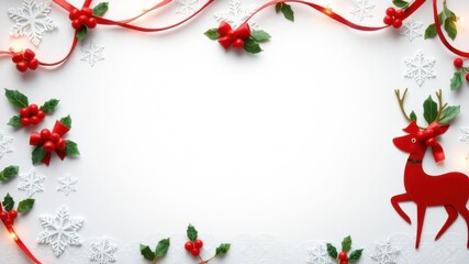 Festive Christmas Border with Red Deer, Holly Leaves, Snowflakes, and Ribbons for Holiday Decorations and Seasonal Greetings