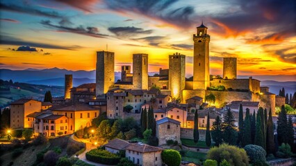 Obraz premium Majestic San Gimignano Castle at Dusk: Low Light Tuscan Evening