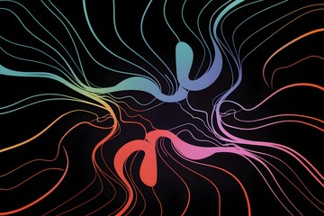 Vibrant Colorful Wavy Lines on Black Background Creating Fluid and Dynamic Abstract Pattern.