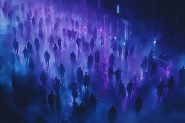 A haunting, atmospheric scene featuring a crowd of shadowy figures enveloped in purple and blue fog, evoking mystery and intrigue.