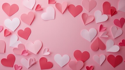 Pink and red paper hearts arranged on pastel pink background