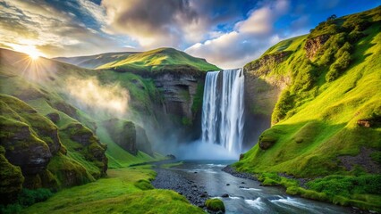 Fototapeta premium Majestic Skogafoss Waterfall in Iceland: Breathtaking Cascade and Lush Green Landscape