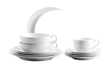 A classic white ceramic dinnerware with plates bowls isolated on white or transparent background