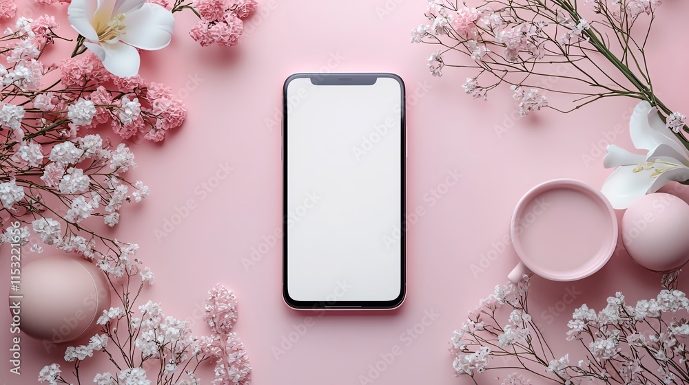 Aufkleber a clean smartphone mockup with an empty display, surrounded by soft pastel props in a flat lay