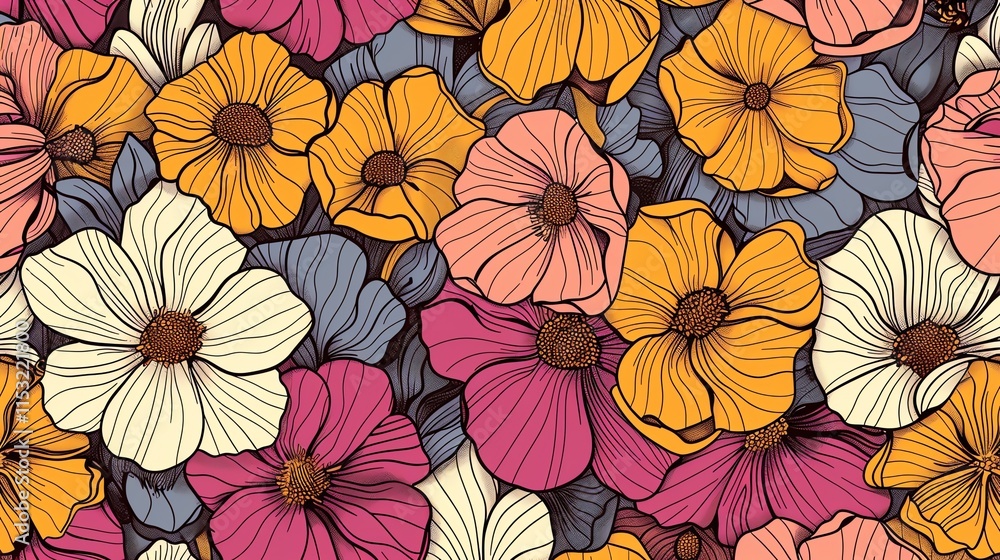 Poster a seamless pattern of colorful flowers in a retro style.
