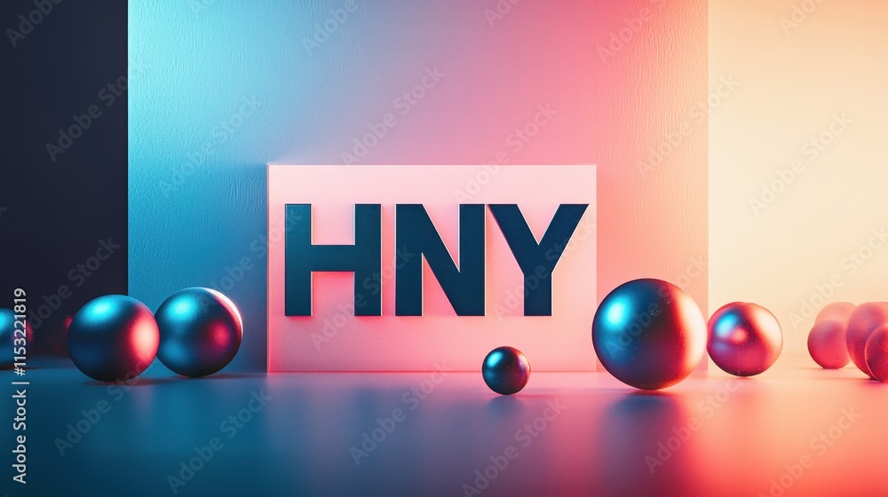 Poster clean and minimalistic background featuring bold hny design with 3d spheres and colorful lighting ef