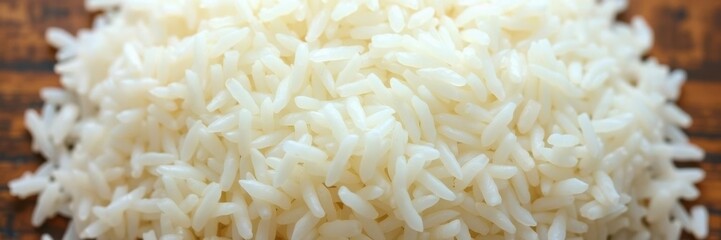 Freshly Cooked White Rice on Wooden Surface with Natural Textures Perfect for Culinary Dishes and Healthy Meals in Authentic Kitchen Environment
