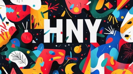 Colorful Modern Banner Design Highlighting HNY Celebration with Abstract Elements and Bold Letters