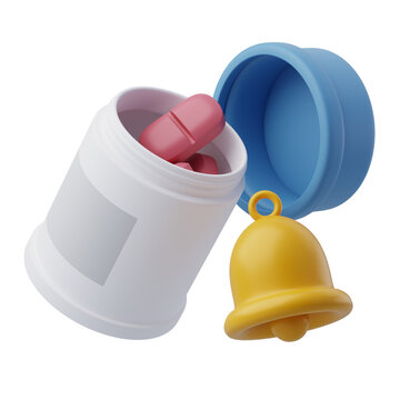 3D Pill bottle, and pills with otification, Remind to take medicine pills on time.