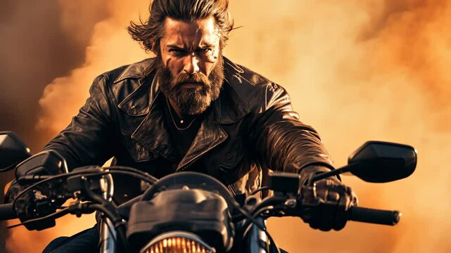 Motorcyclist biker riding a motorcycle bike on a scenic desert road at sunset, Freedom and Adventure Concept.
