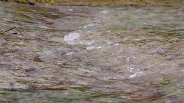 plan fixe  sur un cour d'eau assez vif en vue lat&eacute;rale arri&egrave;re sur un temps hivernal et gris