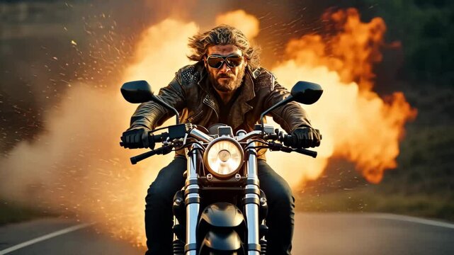 Motorcyclist biker riding a motorcycle bike on a scenic desert road at sunset, Freedom and Adventure Concept.

