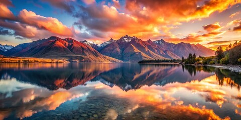 Naklejka premium Majestic Wakatipu Lake, New Zealand: Sunrise over the Fiordland Mountains