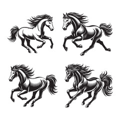 Black and White Running Horse Silhouette Vector Set - Equine Illustration Collection