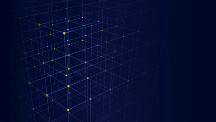 Abstract wireframe cube. Network connection structure. Digital blockchain concept. Futuristic blue background with dots and lines. Vector illustration.