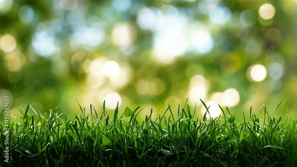 Poster lush green grass with blurred natural background showing soft bokeh effect during daylight hours