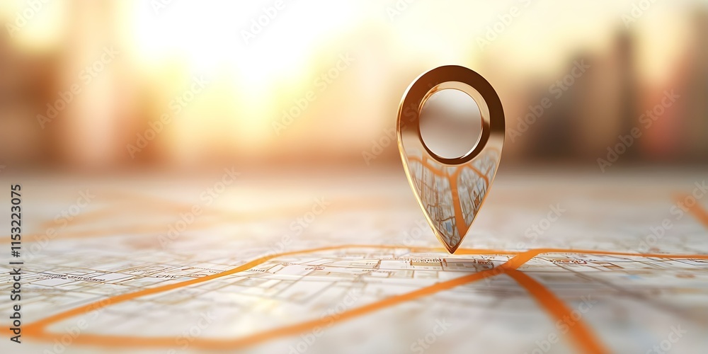 Poster a 3d map pin marker positioned on a city map, representing a specific location. the background featu