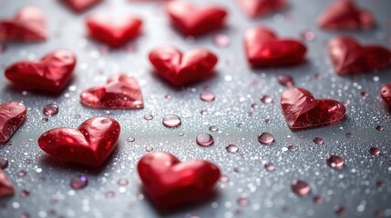 Multiple red crystal hearts on a reflective surface.