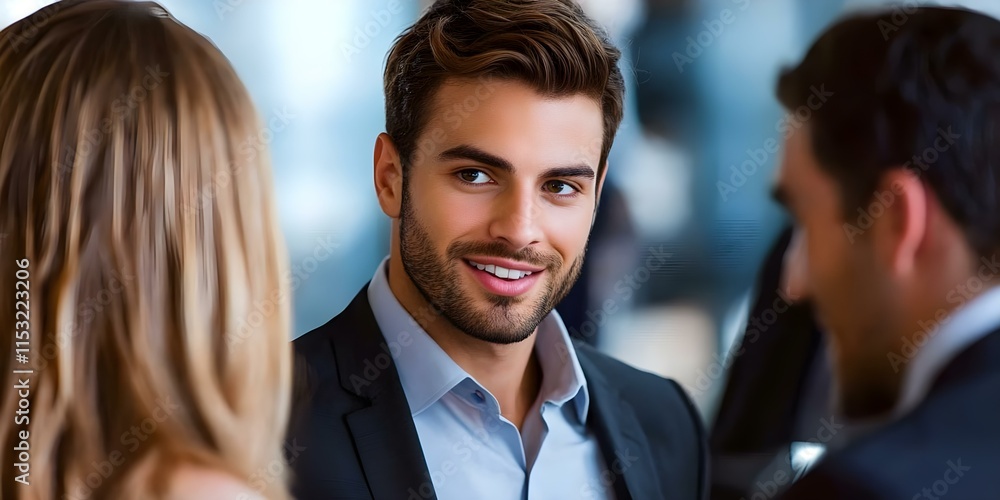 Poster a well-dressed man smiling while engaging in conversation with two people in a professional setting.