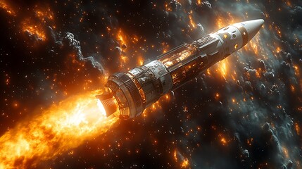 Fiery Rocket Launch Through Cosmic Debris Field