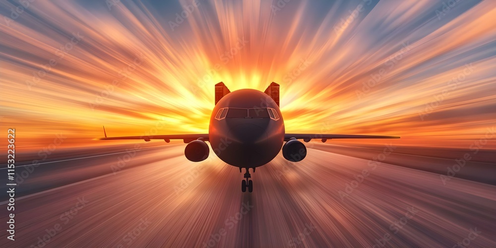 Poster an airplane taking off into a vibrant sunset, creating a dynamic and dramatic visual effect with ray
