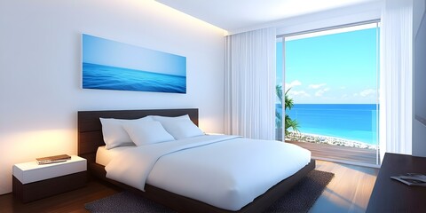 A modern bedroom featuring a large bed, minimalist decor, and a stunning ocean view through a glass window. Concept Modern Bedroom Design, Minimalist Decor, Large Bed Comfort, Ocean View Serenity