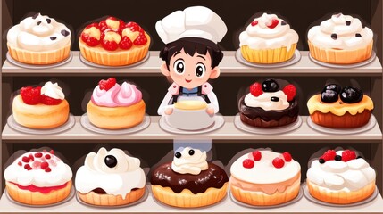 Happy baker displaying delicious cakes and pastries on shelves.