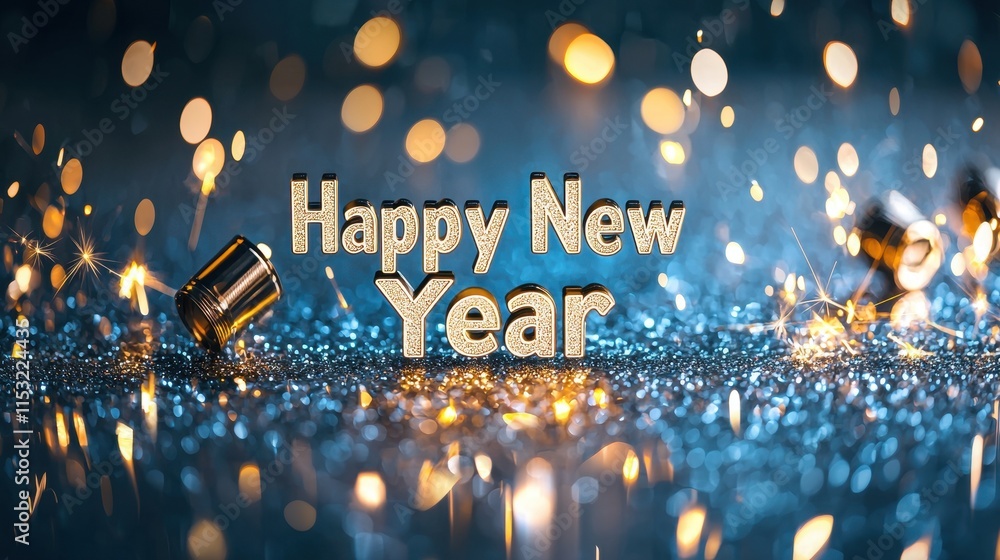 Poster happy new year celebration with golden text and sparkling background in a modern studio setting