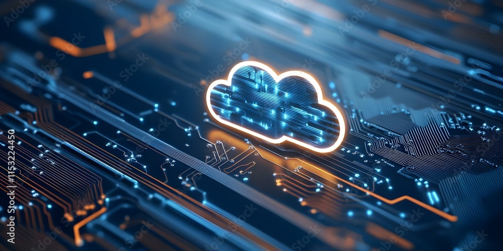 Aufkleber a digital cloud symbol over a circuit board background, representing cloud computing and technology.