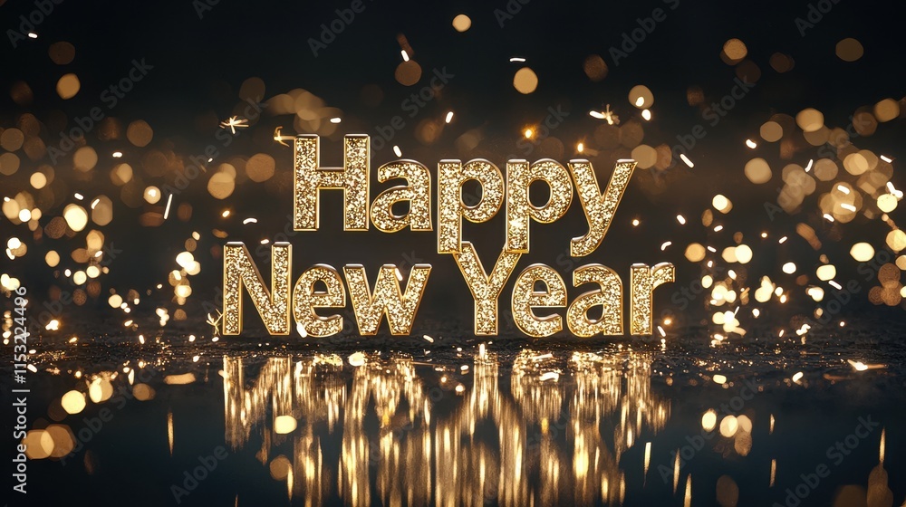 Poster modern studio shot of happy new year celebrations with sparkling bokeh background and glittering tex