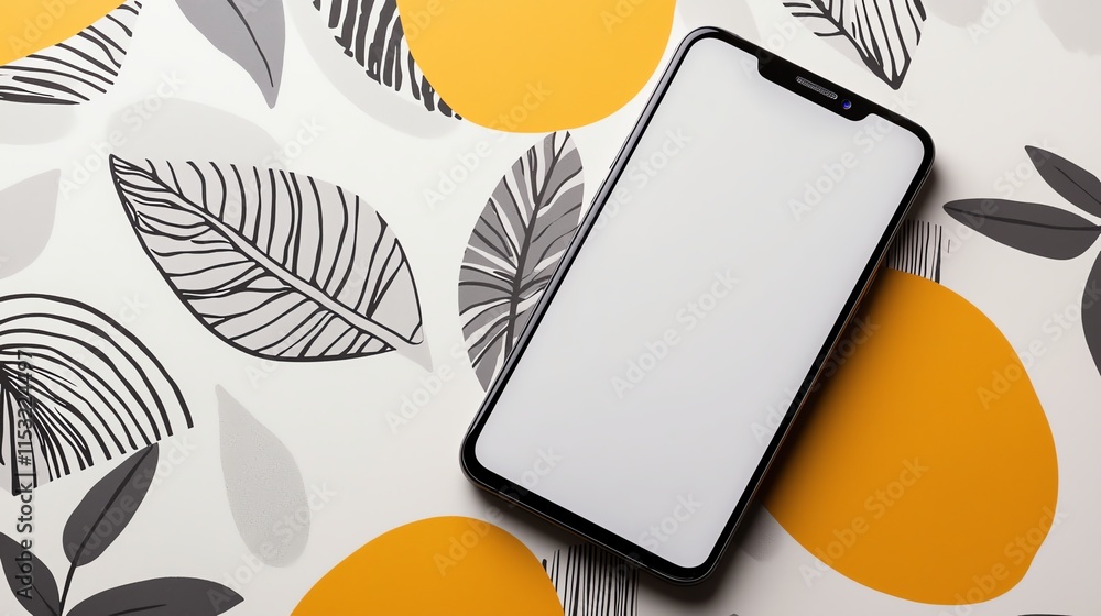 Aufkleber a smartphone with an empty display placed on a bold patterned surface with vibrant, contrasting colo