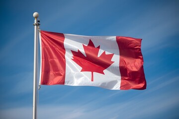 High Detail of Canada Flag Waving Against Clear Blue Sky.