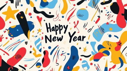 Playful Illustrated Design for Happy New Year Celebration with Colorful Shapes and Patterns