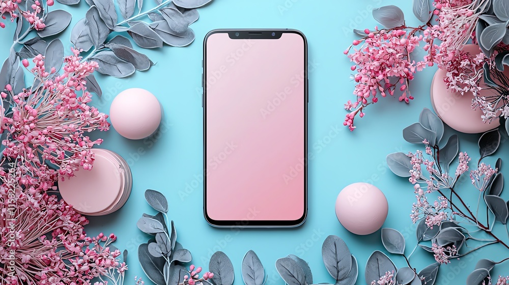 Aufkleber a clean smartphone mockup with an empty display, surrounded by soft pastel props in a flat lay