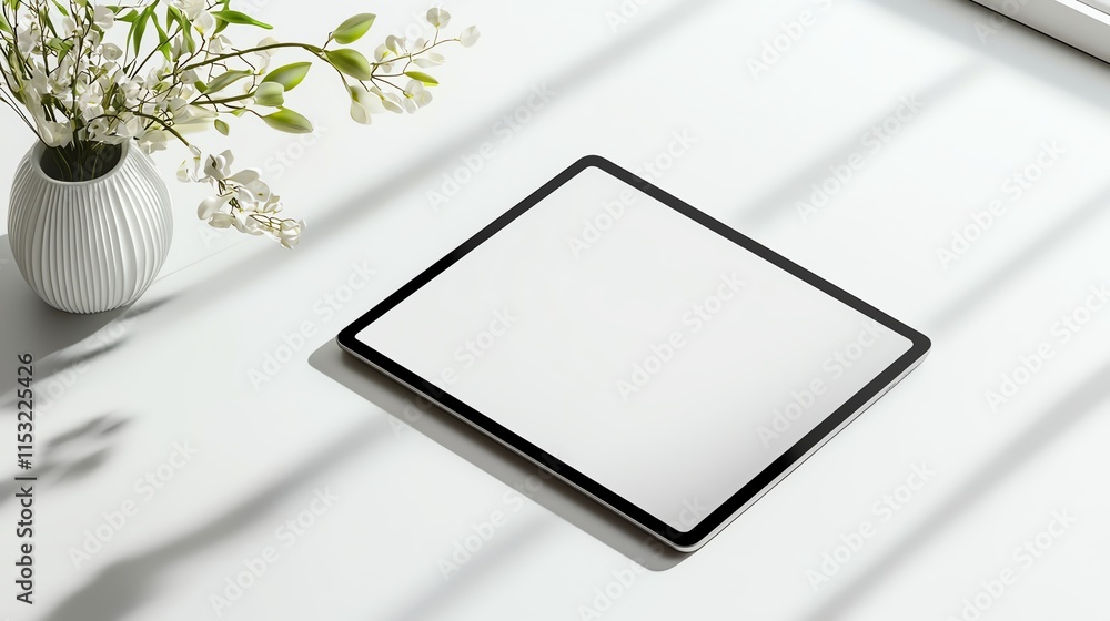 Poster a tablet with a blank screen resting on a sleek white surface with soft shadows and vibrant lighting