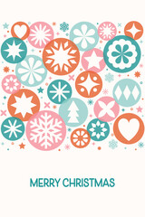 Christmas greeting card in modern style. Decorated ball and snowflakes. Vector illustration