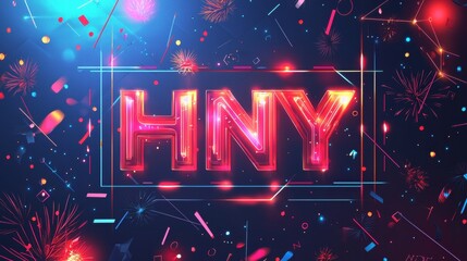 Elegant New Year Banner Design Featuring HNY and Colorful Fireworks Display in a Sleek Style