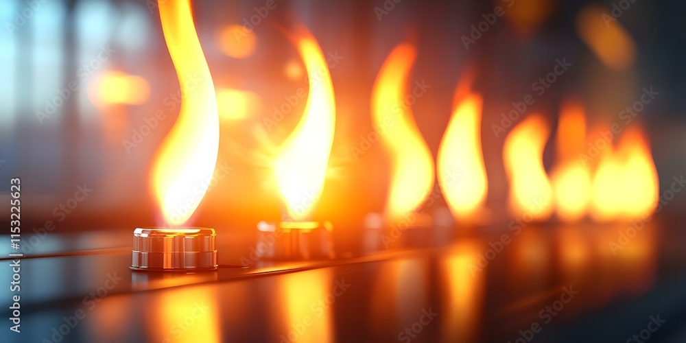 Poster bright flames emanating from metallic burners, creating a warm and dynamic visual effect against a b